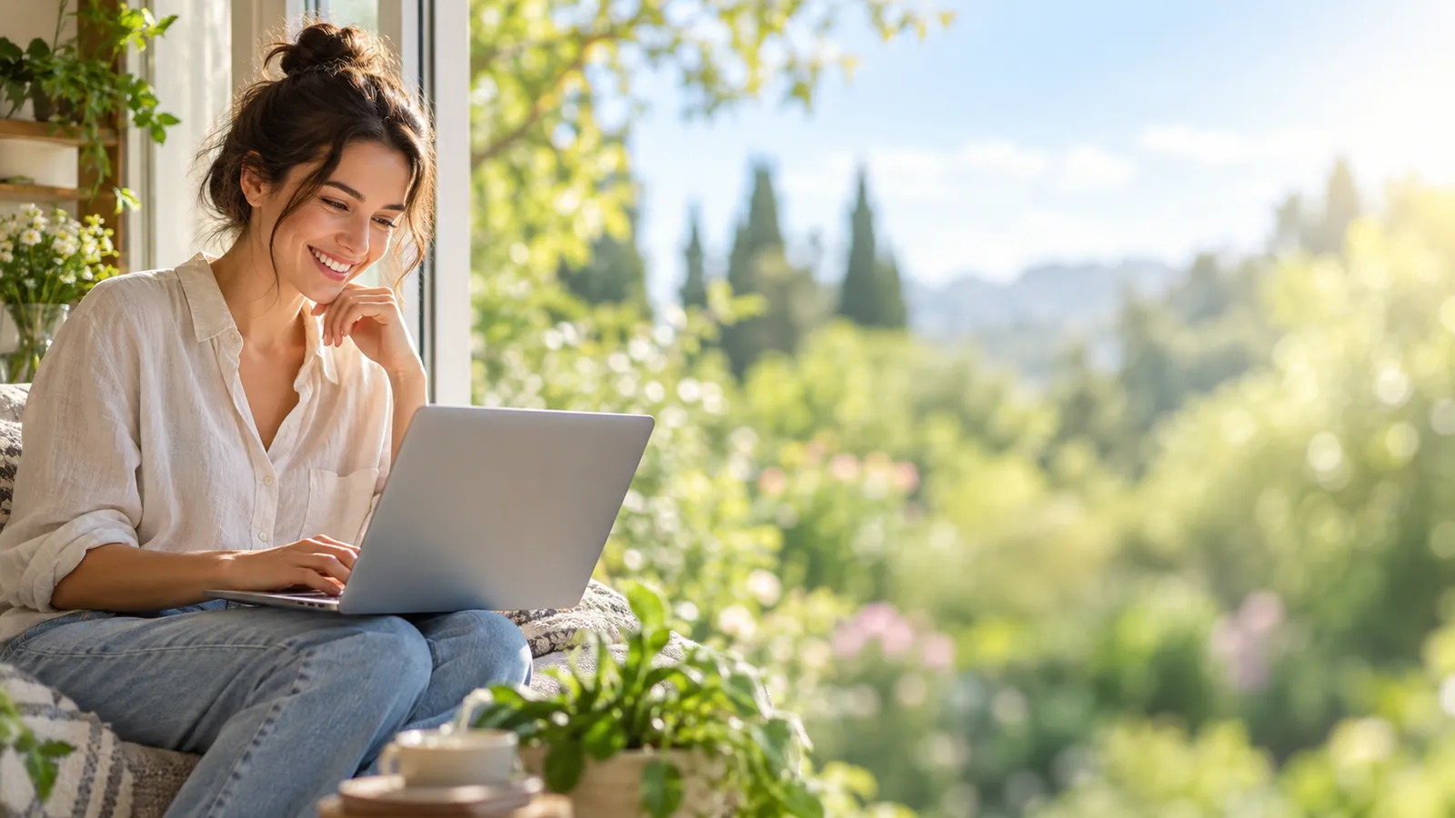 A person smiling as they ask an AI assistant a question on a laptop by a sunny garden window.