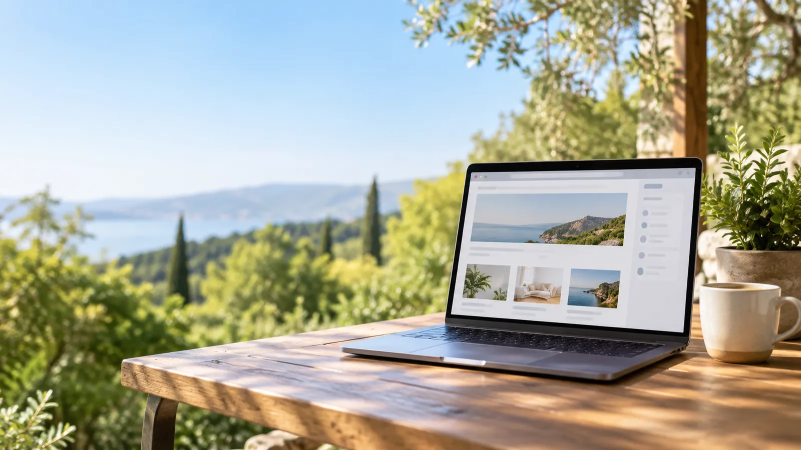 A laptop on a sunny terrace showing a website with a side panel open beside the page.